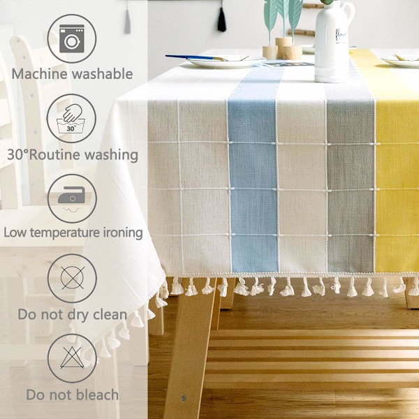 Rektangulær Bomuld Linned Dug Solid Plaid Broderi Kvaster Bomuld Linned Dækkeserviet (140x180 cm, Blå/Gul)