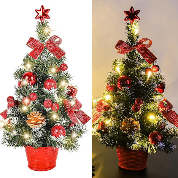 Mini Kunstig Juletre, Lite Juletre med LED-lys, Mini Bordpynt for Kontor, Bar, 40 cm (Rød)
