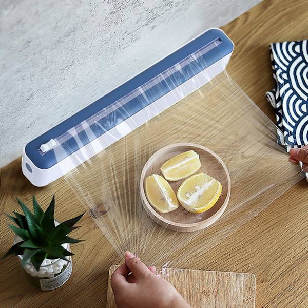 Plastfolie Dispenser med Skyve-Kutter Magnetisk Fyllbar Folie Dispenser Matklamfilm Dispenser (Blå)