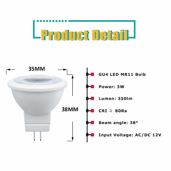 3W MR11 GU4 LED-pære, koldt hvidt lys 6000K AC/DC 12V (4 stk.)