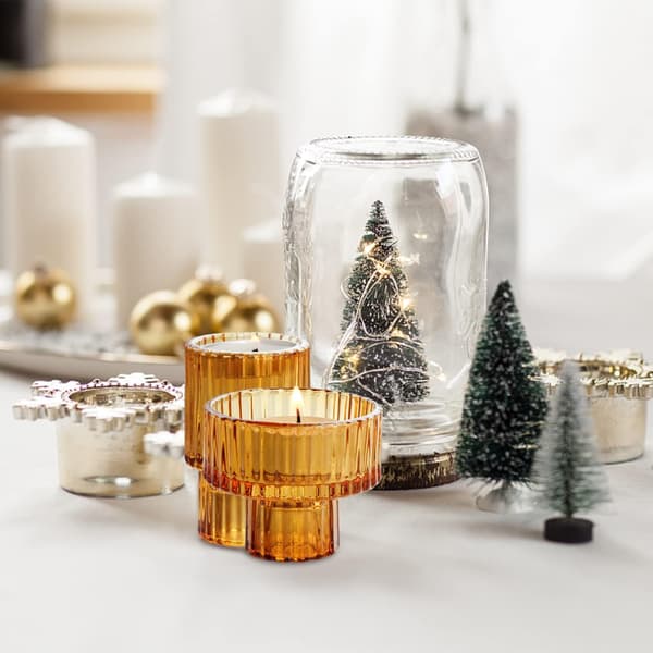 Sett med 3 lysestaker, glass votivlysestaker for koniske/søyle-/telys, lysestaker for midtstykker, bryllup, bursdager Amber