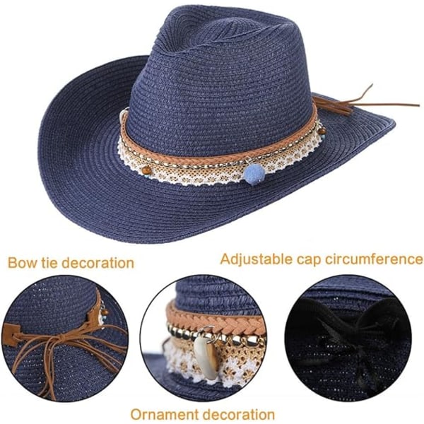 Sommer Cowboy Cowgirl Hatt Unisex Rullbar Kant Western Cowboy Hatt Straw Strandhatt, blå