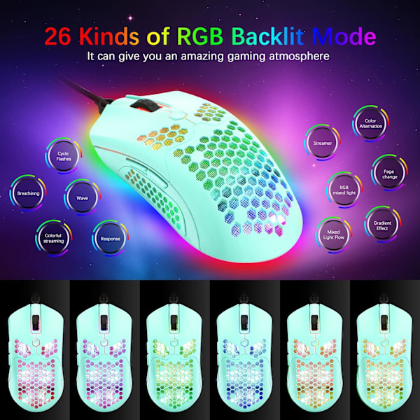 65G Trådlös Lättvikts Spelmus, 26 RGB Bakgrundsbelyst USB Spelmus med 7 Programmerbara Knappar, med Ultralätt Ergonomisk Bikakestruktur