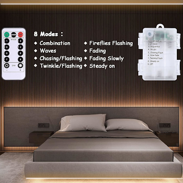 3m Batteridrevne LED-lysstrimler med fjernkontroll, 90 LED-lys, vanntett, 8 moduser, dimmbar, timer, selvklebende