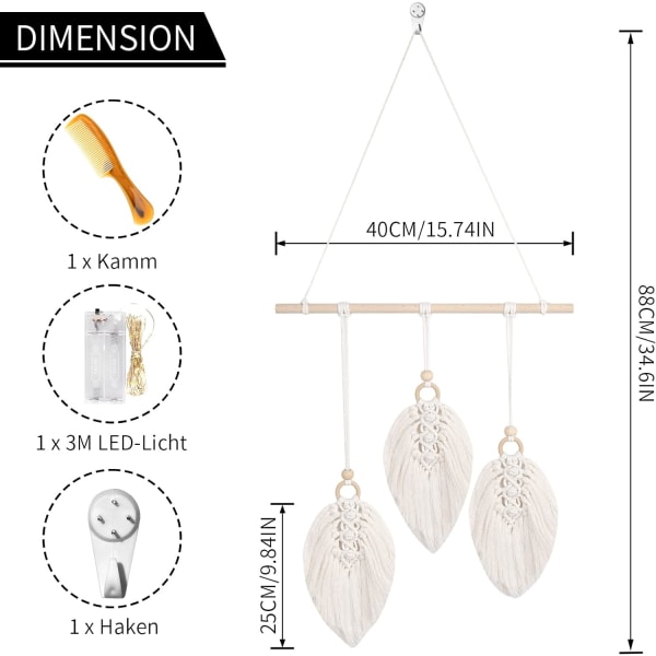Väggbonad, Handvävd Boho Väggdekoration, Boho Stil Dekoration för Vardagsrum, Sovrum, Utomhus, Inomhus, Bröllopsdekoration, med LED-Ljusslinga