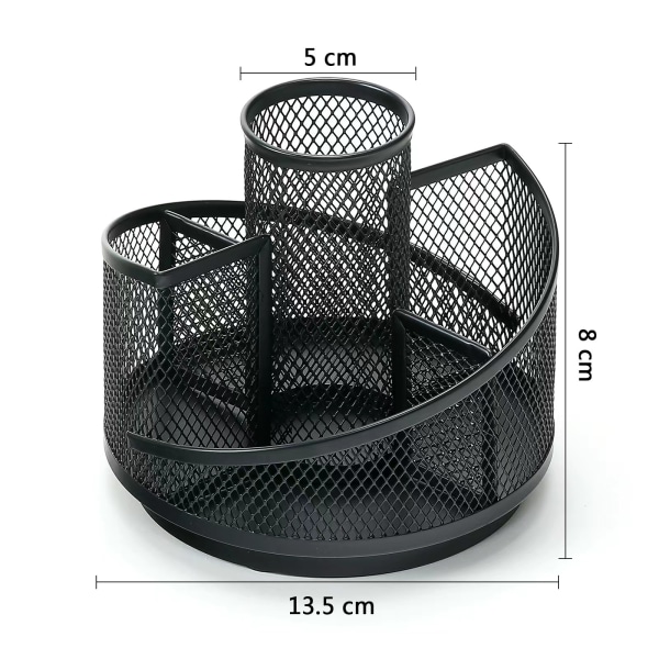 Blyantholder til Skrivebord, 360 Graders Roterende Blyantkop, Trinvis Design med 5 Rum, Penneholder i Trådnet (Sort)