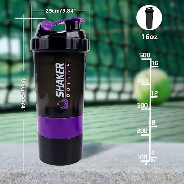16oz Protein Shaker Flaske, Protein Shaker Flaske, Protein Shaker med Opbevaring og Blandingskugle, 3-lags Lækagesikker Proteinflaske