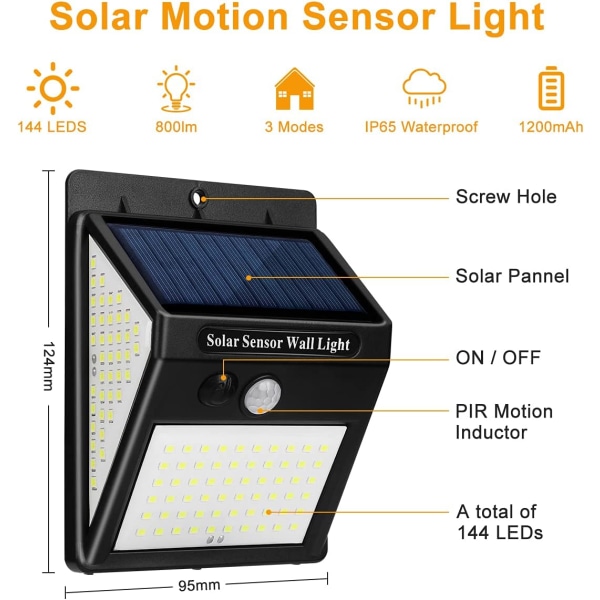 Utomhus solcellslampa med rörelsesensor, 3 lägen [2-pack 144 LED]