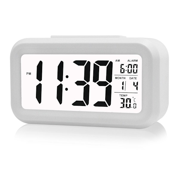 LED Väckarklocka Digital Snooze Sömn Aktiverad av Sensor Ljus Bakgrundsbelysning Datum Temperaturvisning (Vit)