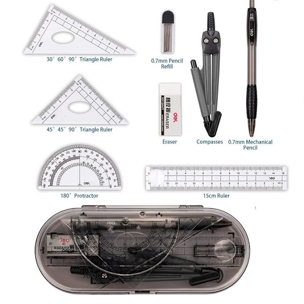 Geometriska kompassset, pedagogiska material, matematiskt gradskiva set, linjal set, penna, suddgummi, vässare för skolan (8-delars set, svart)