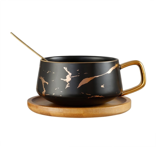 Qinghai marmor keramisk kaffekrus sæt te kop med ske træ underkopper