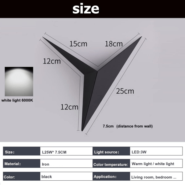 Moderni sisäseinän LED-seinävalaisin, kolmion muotoinen seinävalaisin, rautakäytävälamppu makuuhuoneen portaisiin (lämmin valo 3000K)