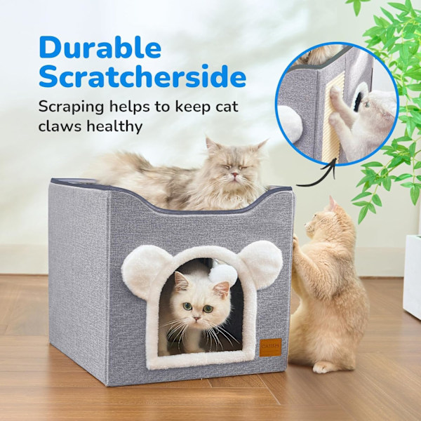 Foldbar Kattens Hus, Kattenseng 2 Lag Stor Kattens Hule for Kjæledyr med Kløsebrett og Fluffy Ball
