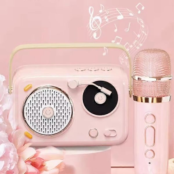 Retro Bärbar Bluetooth Karaokehögtalare, med 1 Trådlös Mikrofon, Rosa