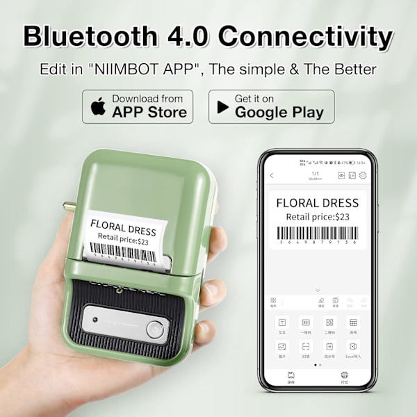 B21 Etiketprinter, Bluetooth-mærkningsprintet med stregkoder, udskrivningsstørrelse 20-50 mm, med 1 rulle startpapir