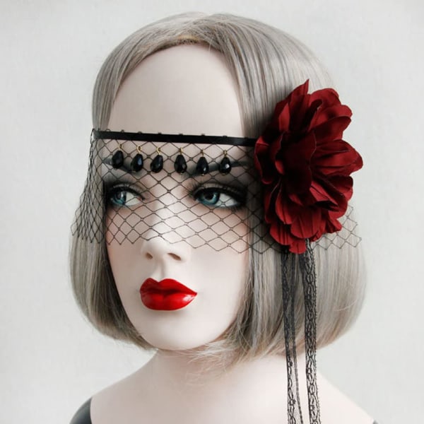 Masquerade Mesh Veil Hovedbånd med Bourgogne Blomst Sort Blonder