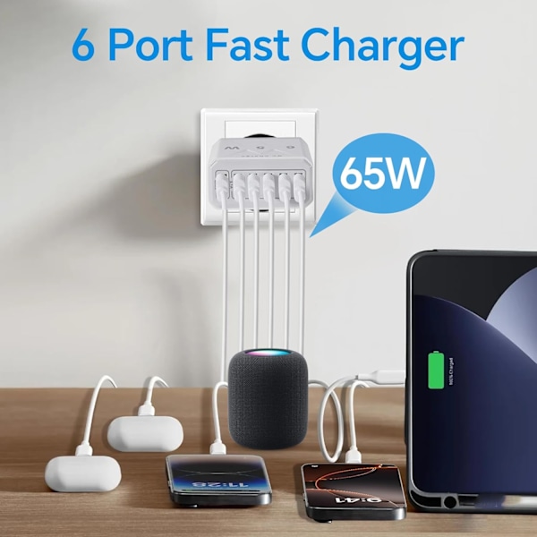 USB-lader, 65W 6-Port USB Hurtiglader med QC 3.0-lader, Universell USB Vegglader for 15 Pro Max 14 Plus 13 12 11 SE XR, iPad, Samsung