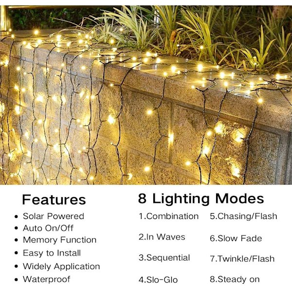 [2 Pakke] Solcellelyskæde Udendørs, 22M 200 LED (Varm Hvid)
