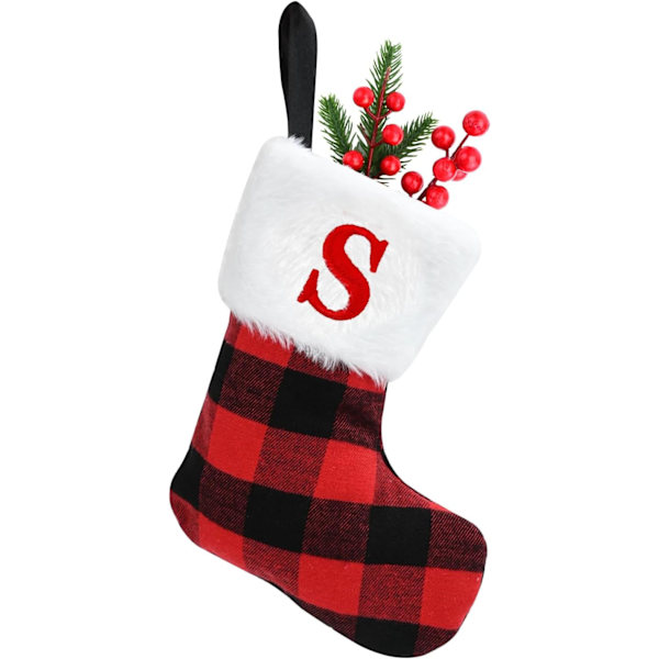 Julstrumpor 7 tum Julstrumpor Röd Skottland Rutiga Klassiska Julstrumpor med Bokstäver Konstpäls Plush Manschett Hängande Strumpor