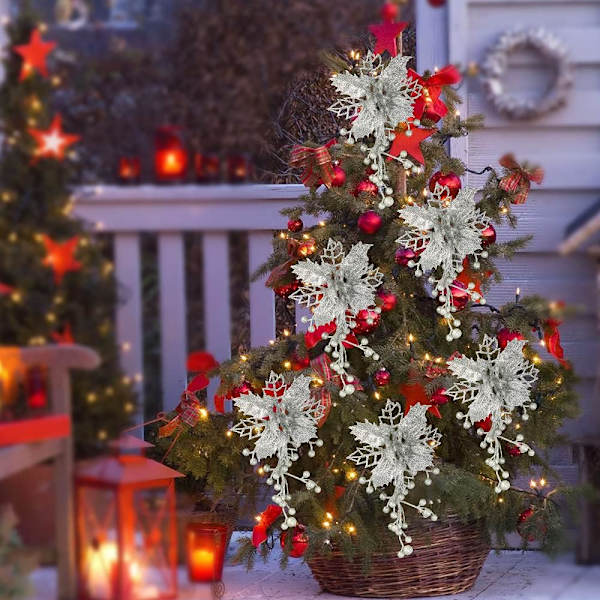 Juleblomst Kunstige Blomster, 6 stk. Juletræ Blomst Dekorationer Røde Juleblomster Juledekorationer med Klips