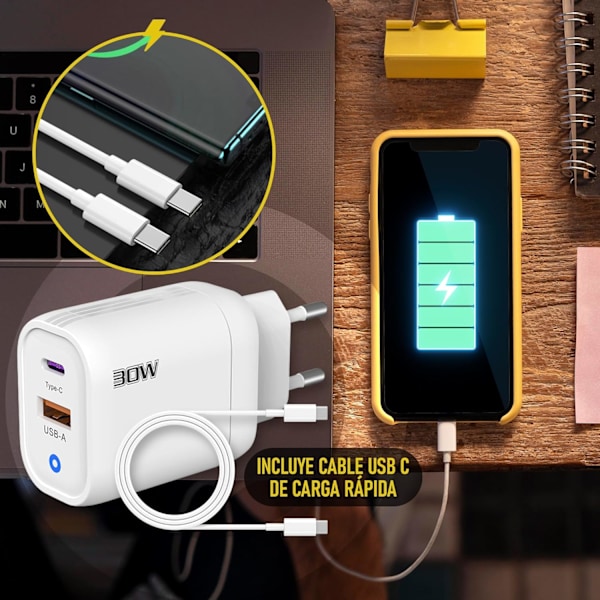3-Stjerner | 30W USB-lader | USB-C Kabel | 2 Porter: USB-C + USB-A | QC 3.0 Hurtiglading | CE-Sertifisert | Kompatibel med Mange Enheter