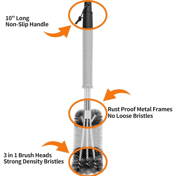 Grillbørste – 14,5” grillbørste til rengøring, grillbørste i rustfrit stål, sikker trådskrubber, 3 i 1 børstehår til grill