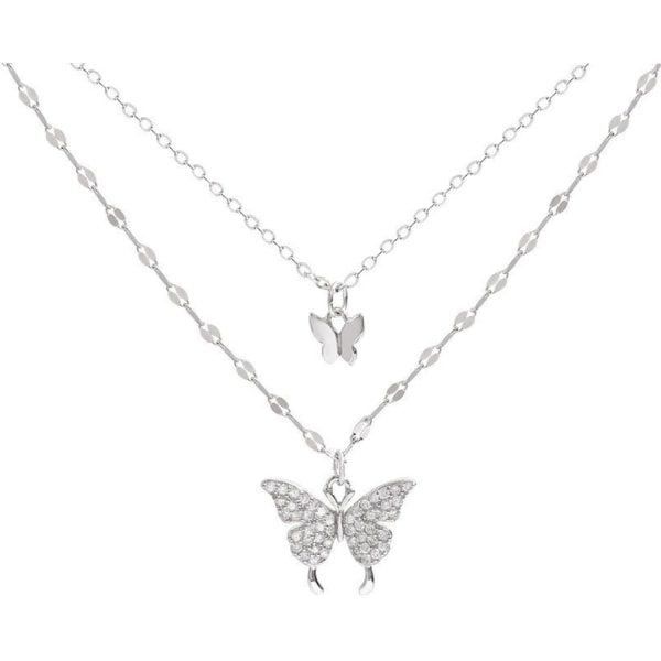 925 Sterling Silver Butterfly halsband för kvinnor dubbelt lager