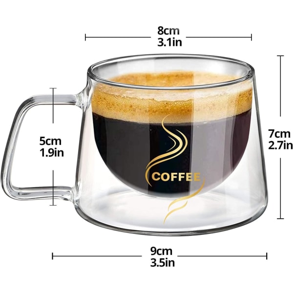 Dobbelveggede kaffeglass, kaffeglass med håndtak 2x 200ml, latte