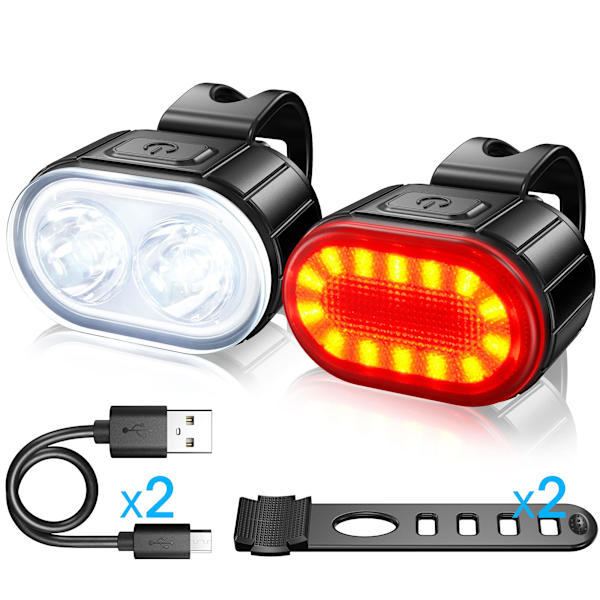 LED, USB front- og baklys, IPX5 vanntett sykkellys