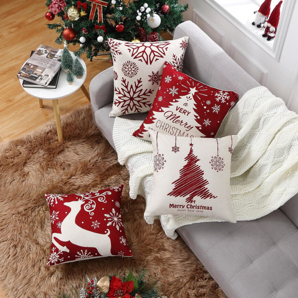 Joulutyynynpäälliset, 4 set , pellavaiset joulutyynynpäälliset, punaiset joulutyynynpäälliset, tyynynpäälliset sohvalle autokodin joulukoristeisiin