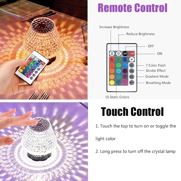 Kristall Diamant Bordslampa, 16 Färgförändrande RGB Touch Control Nattljus, Uppladdningsbar Sänglampa med Fjärrkontroll