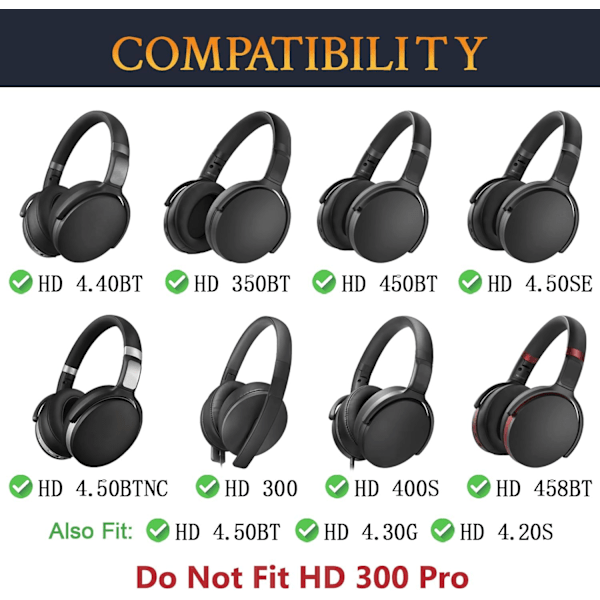 Udskiftningsørekopper, førsteklasses proteinlæder og skum med høj densitet, til Sennheiser HD 4.50BT og andre hovedtelefoner (sort)