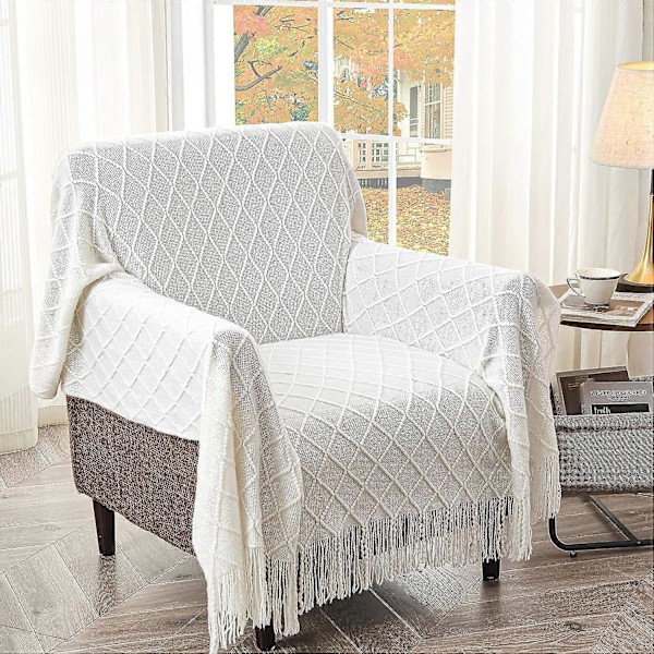 Strikkede Pledd til Sofa og Seng, Blød Hyggelig Strik Pled med Kvaster, Off White Letvægts Dekorative Pledd og Kast, 127*230CM