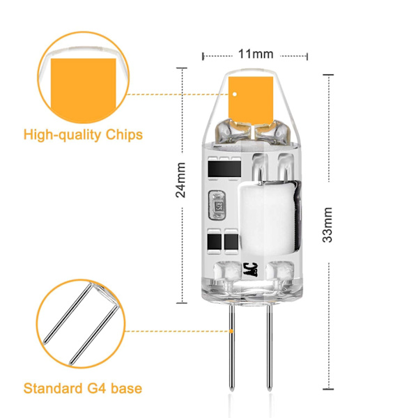 10 stk. 2W G4 LED-pærer, 3000K varm hvid, 200lm, 12V