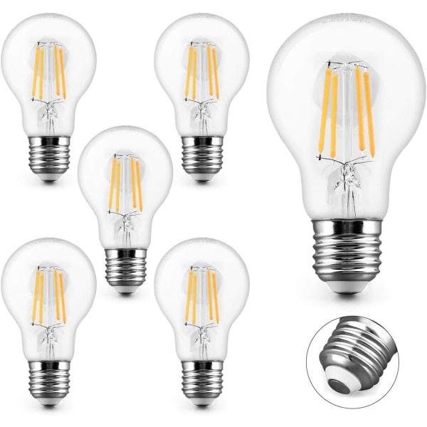 Pakke med 6 E27 LED-filamentpærer Varmhvit 2700K 4W 400LM Tilsvarer 40W Halogenpære Lavenergipære A60 Vintage Edison-pære