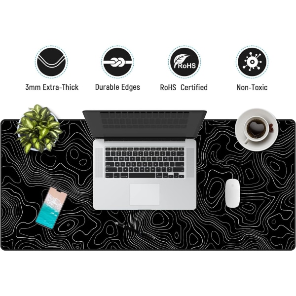 Gaming Mousepad, Kontor Desk Mat med Anti-slip Bund, Slidstærkt Personligt Design, Mousepad med Sort Topografisk 35,4 x 15,7 tommer