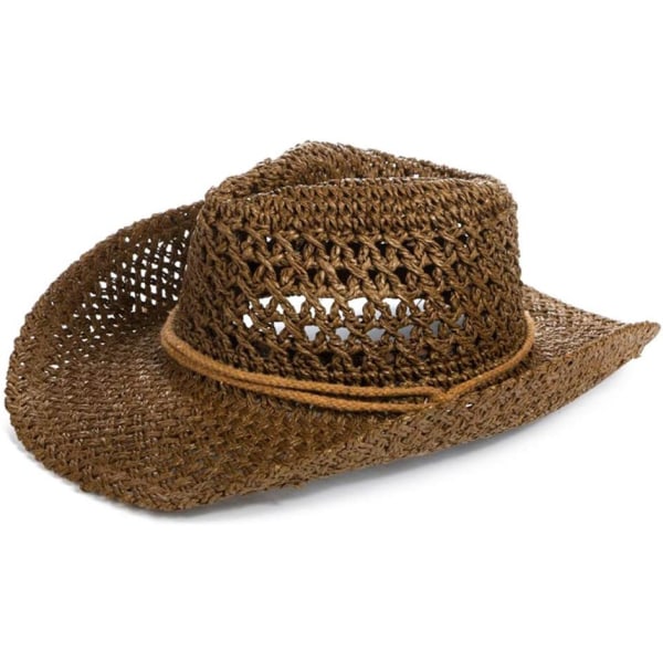 Herre Vest Cowboyhatt Bredbremmet Halm Bucket Hat Sommer UV Beskyttelse Solhatt Foldbar Rullbar Panama Fedora Hatt Pakkbar Halm Strand Reisehatt, Brun