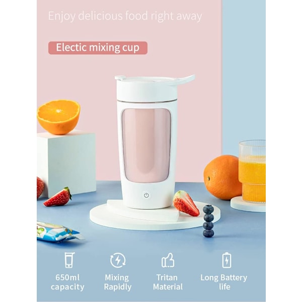 Sähköinen sekoituspullo, sekoituspullot proteiinipirtelöille, BPA-vapaa | Kannettava sekoituskulho, 650 ml (Valkoinen)