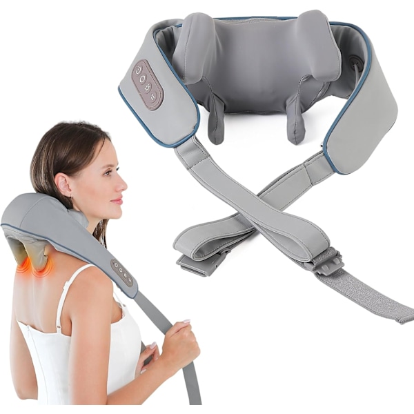 Nack- och axelmassageapparat, Shiatsu nack- och axelmassageapparat med värme, två massage lägen (grå)