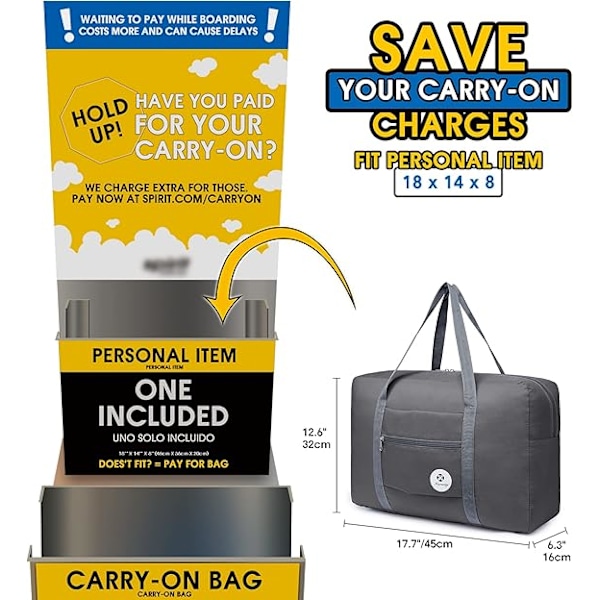Spirit Airlines Foldbar Rejsetaske til Personlige Ejendele, 18x14x11 Foldbar Rejsetaske, Overnatningstaske Håndbagage til Kvinder og Mænd Grey