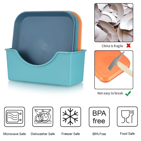 Små plasttallrikar set middagstallrikar kakfat desserttallrikar sallad/kak/middagstallrikar BPA-fria plasttallrikar med förvaringsställ 4 färger