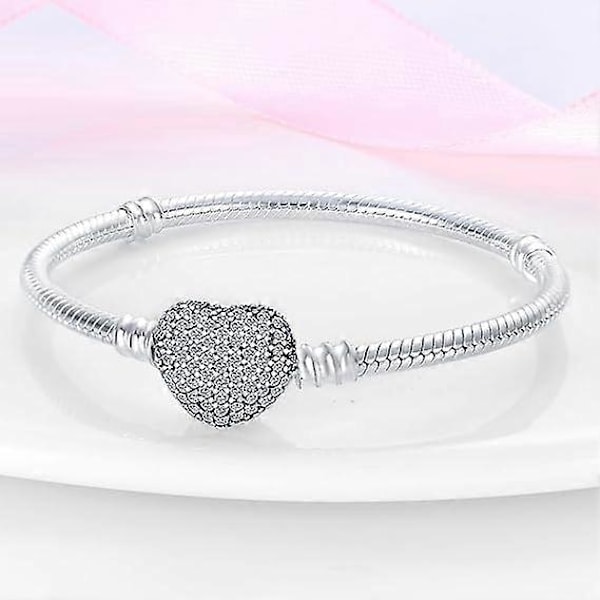 1 Armband för kvinnor Pandora-berlocker med silverhjärta-spänne, damjuvelerier julklappar (21 cm)