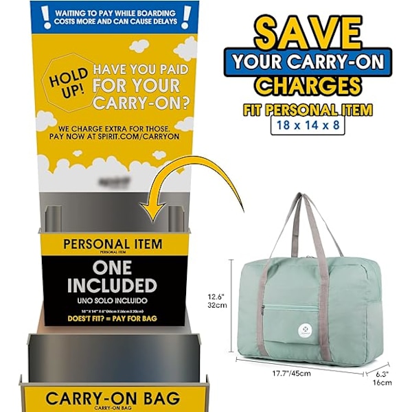Spirit Airlines Sammenleggbar Reisetrillebag for Personlige Eiendeler, 18x14x10 Sammenleggbar Reiseveske, Overnatting Bagasje Håndbagasje for Kvinner og Menn Green