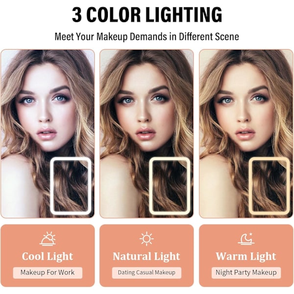 Foldbart Makeup Spejl, Bærbart Belyst Makeup Spejl med 10x Forstørrelse, Genopladeligt Spejl med 3 Lyse Farver (Hvid) White