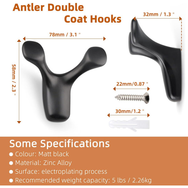 Dubbla Horn Klädkrokar Väggmonterade, Hållbara Kraftiga Väggkrokar, Minimalistisk Design Krok för Hatt, Nyckel, Handduk, Badrockskrokar