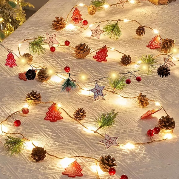 Christmas Garland with Lights 9.8FT 30 LED Christmas Pine Cones String Lights Red Berry Fairy Lights Wreath Light Up Christmas Decorations