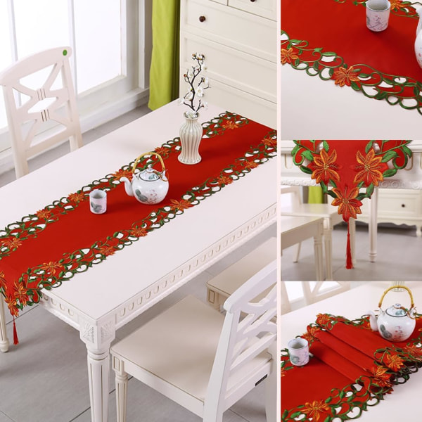 Julebroderet bordløber Rød julebordløber, juleudhulet bordløber med blomsterblade Linned