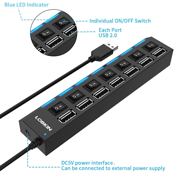 USB 7 Port, USB 2.0 Hub med Individuel Kontakt og 60cm Kabel, Multi USB Port Multiplikator til PC, PS4 og U Disk