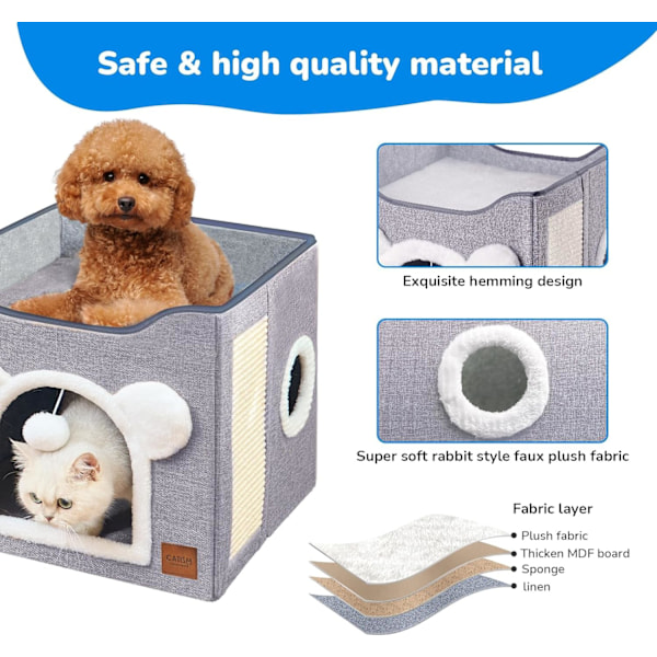 Foldbar Kattens Hus, Kattenseng 2 Lag Stor Kattens Hule for Kjæledyr med Kløsebrett og Fluffy Ball