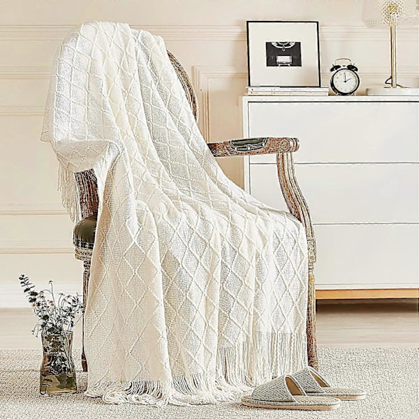 Strikkede Pledd til Sofa og Seng, Blød Hyggelig Strik Pled med Kvaster, Off White Letvægts Dekorative Pledd og Kast, 127*230CM